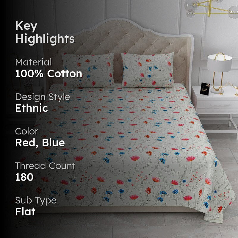 Silene Floral Cotton Bedsheet (Red,Blue) - 180 TC media 2