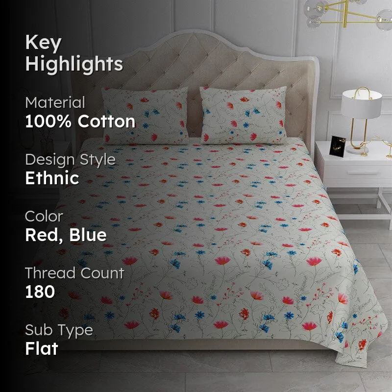 Silene Floral Cotton Bedsheet (Red,Blue) - 180 TC media 2