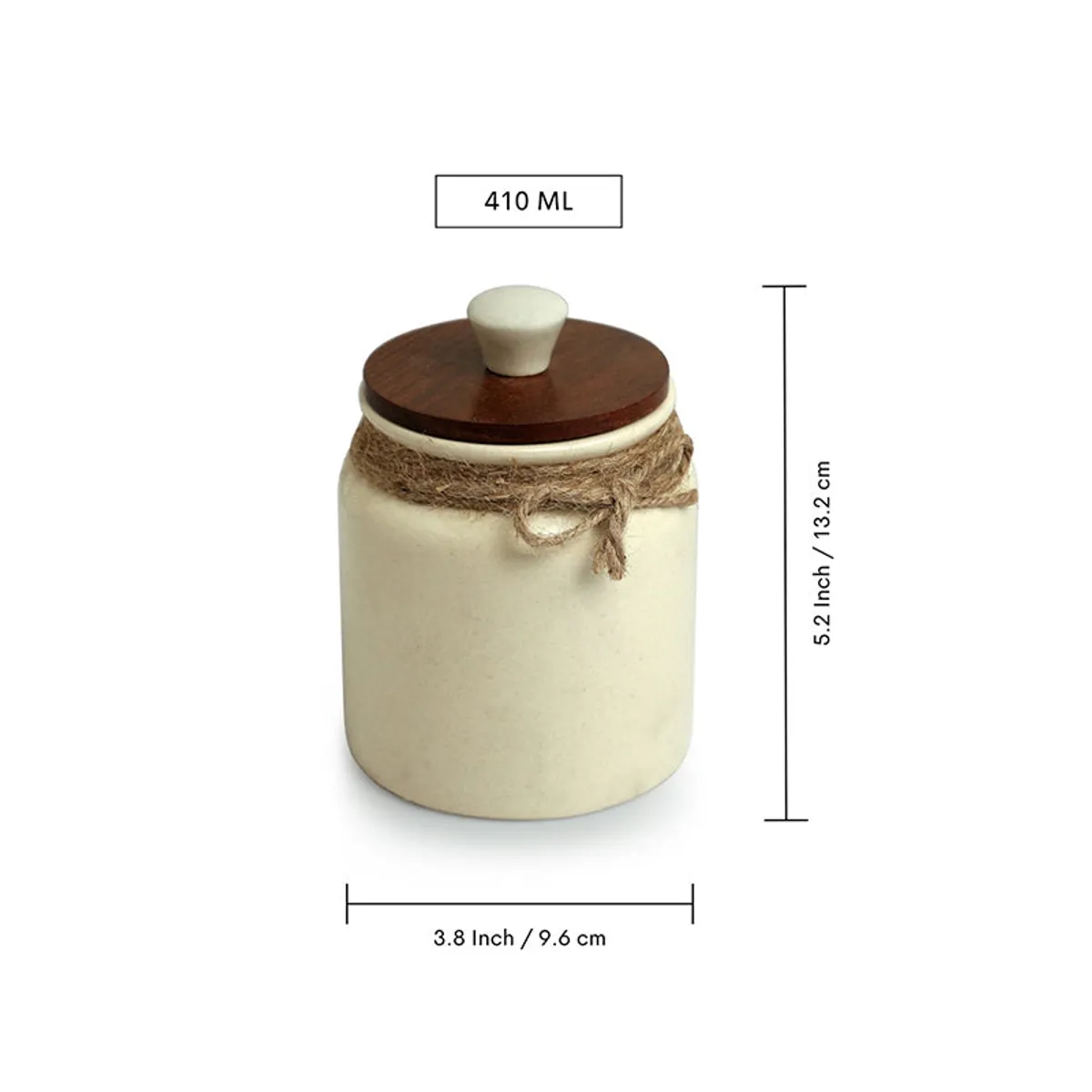 Single ceramic jar with brown wooden lid shown with its dimensions