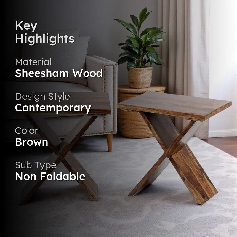 Everox Sheesham Wooden Side & Bedside Table (Brown) - Set Of Two media 2
