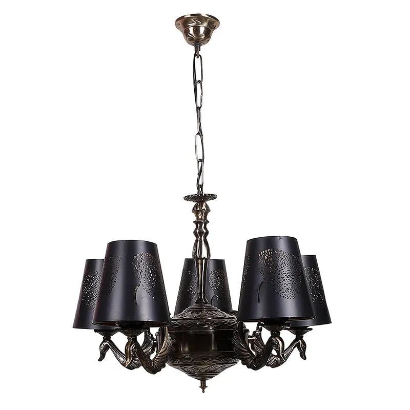 Full hanging view of a chandelier with five black etched shades