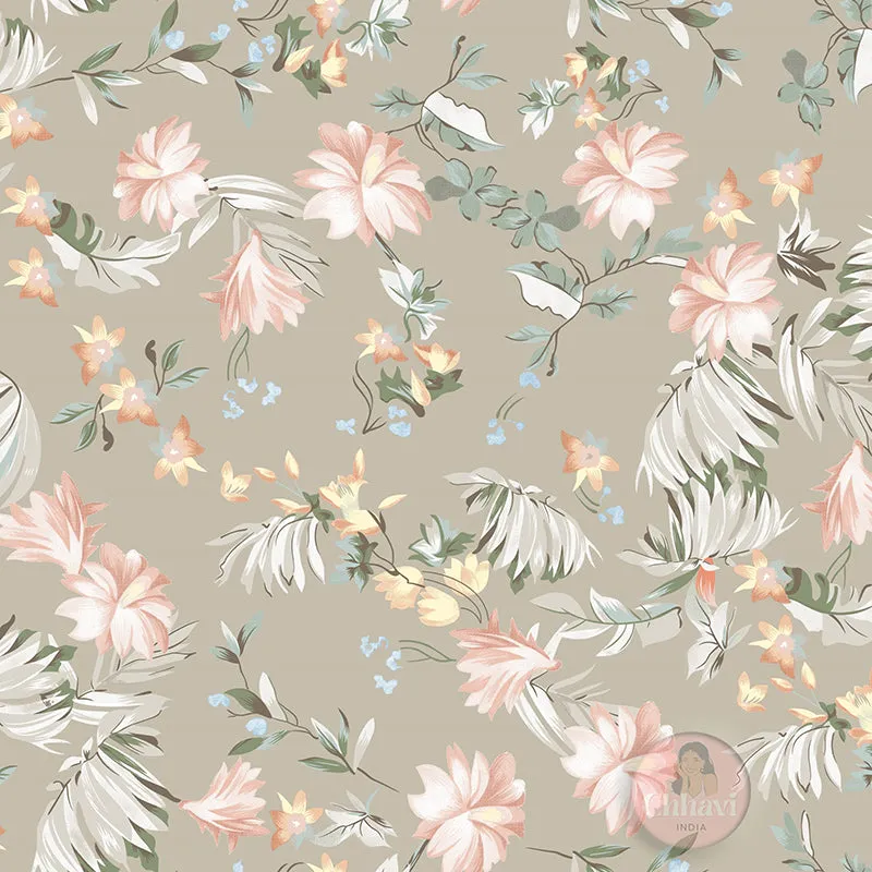 Close-up of the floral bedsheet pattern in pink, green and beige