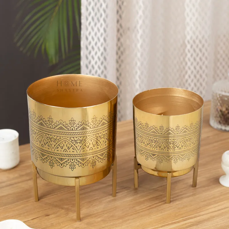 Vinyas Raaga Golden Planter with Stand - Set of Two media 3