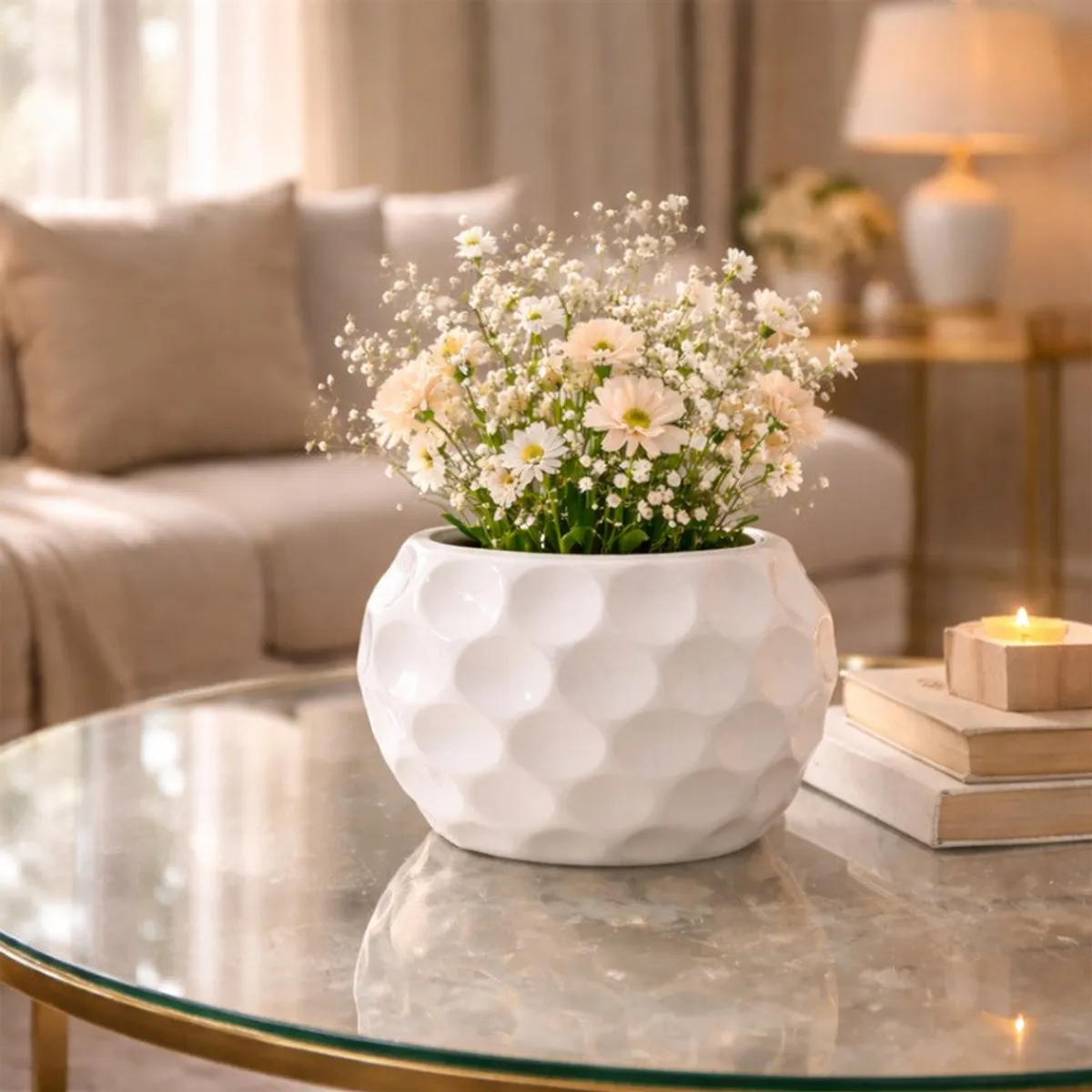 White textured vase with daisy arrangement on a glass-top table in a living room.