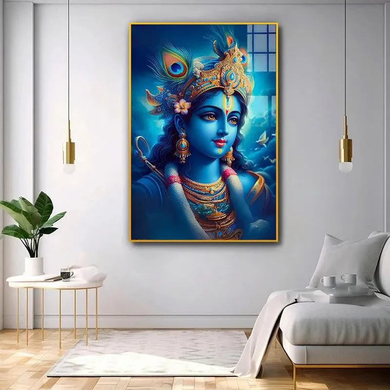 Ethereal Krishna Spiritual Canvas Wall Art With Frame - Gold media 1