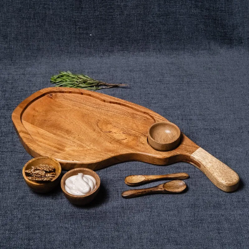 Verdant Leaf Shaped Wood Serving Platter With Dip Bowl - Two Piece Set media 6