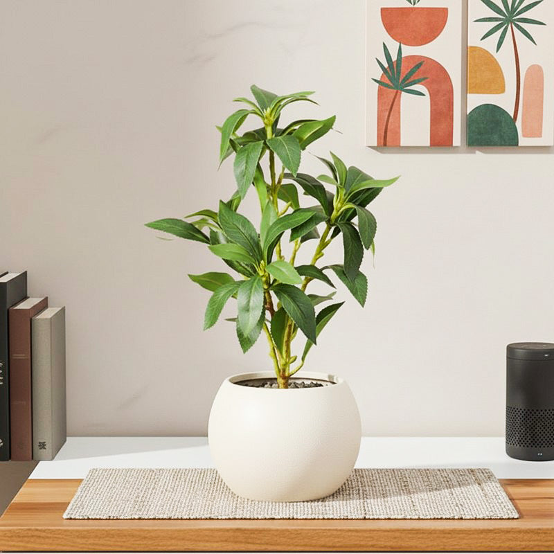 Artificial Indian Lilac Leaf Plant With Black Fiber Pot - 1.3 Feet