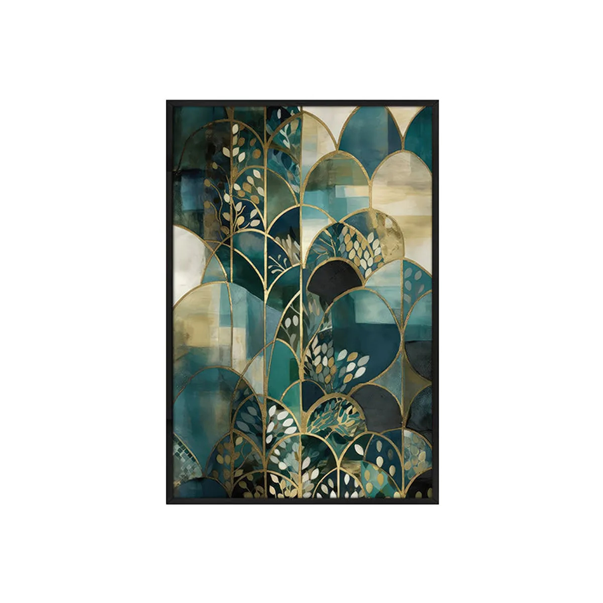 Front view of a framed floral abstract wall painting in teal and gold