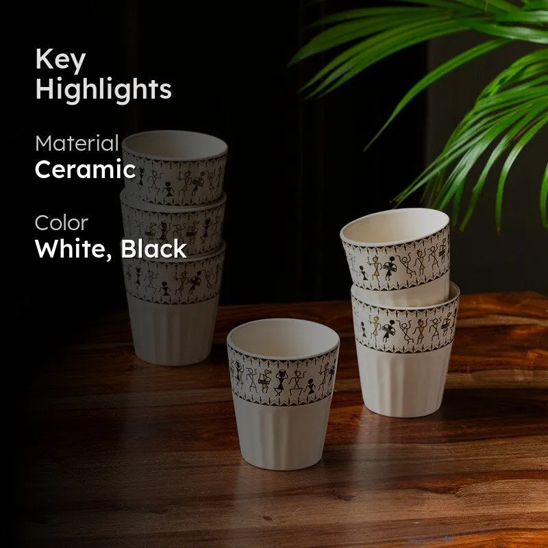 Warli Whirls Handpainted Ceramic Kulhads (160 ML) - Set Of Six media 2