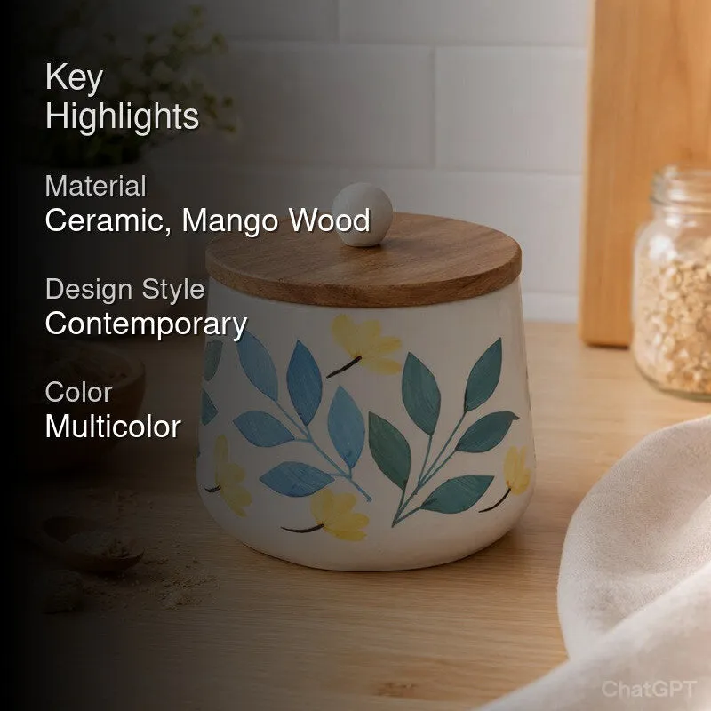 Meadow Glow Ceramic Storage Jar with Mango Wood Lid - 800 mL media 2