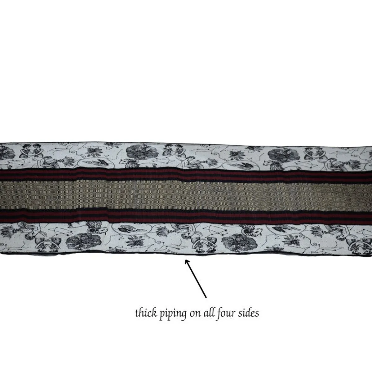 Full view of long runner rug with striped centre and floral border