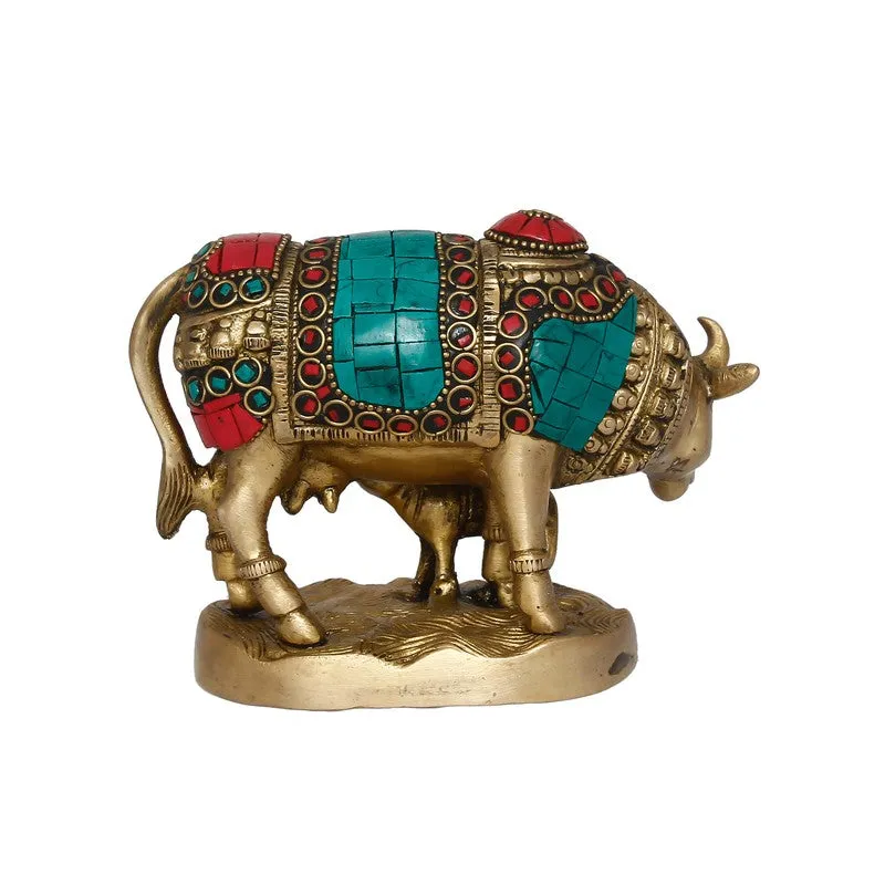 Rear view of multicolour Gau Mata brass idol