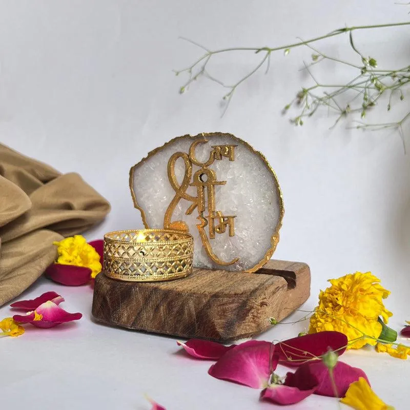 Jai Shri Ram Handcrafted Agate Religious Accent With Tealight Candle Holder - White media 3