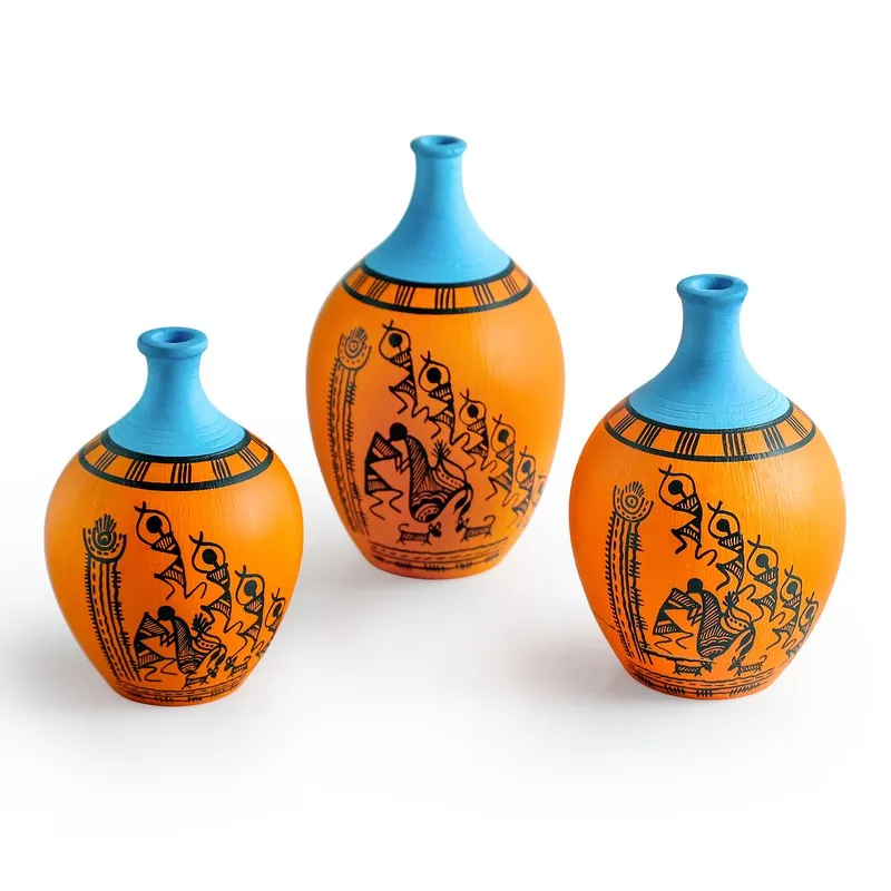 Warli Tales Vases - Set of 3 (Orange, Blue) media 3