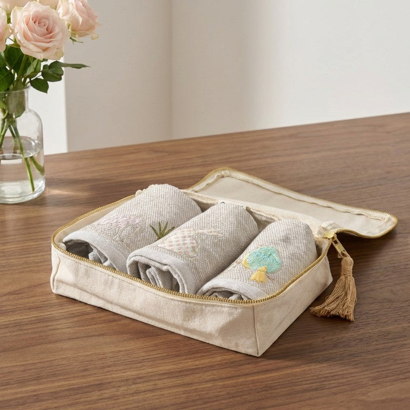 Cushira Applique Bamboo Cotton Hand Towels with Canvas Box - Set Of Three