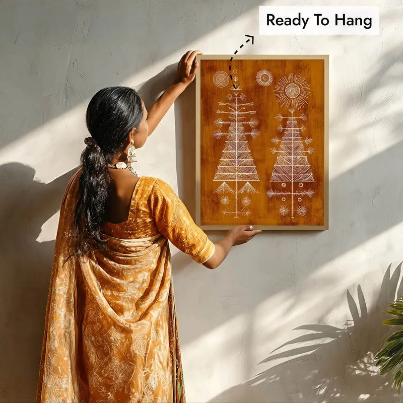 FolkHaven Warli Inspired Canvas Wall Painting With Brown Frame media 9
