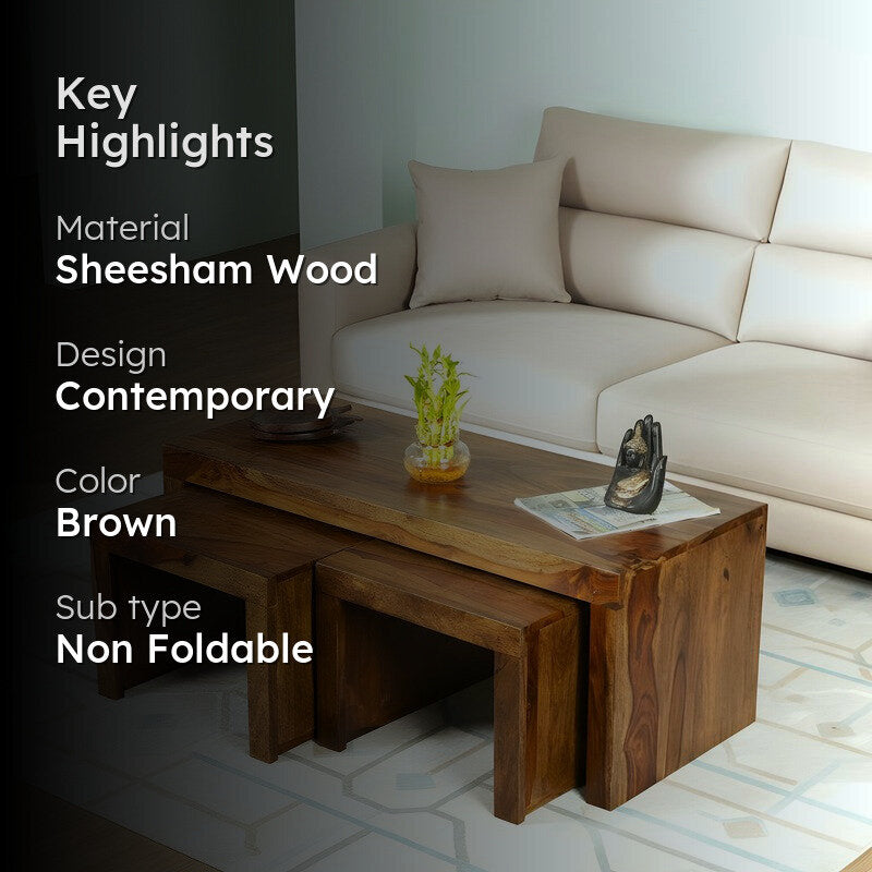 Davenox Sheesham Wooden Center Table with Stools (Brown) - Three Piece Set media 2