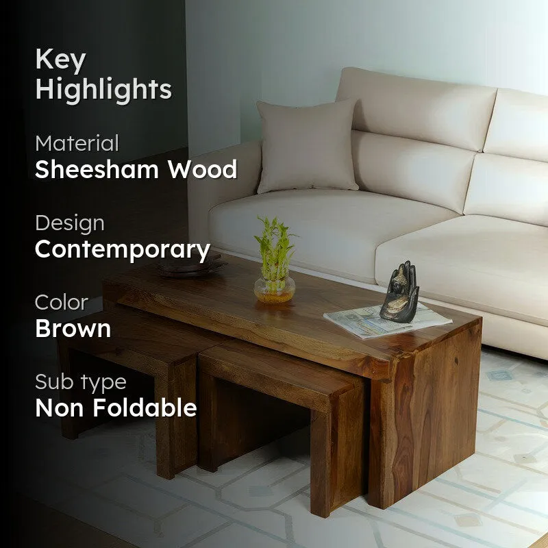 Davenox Sheesham Wooden Center Table with Stools (Brown) - Three Piece Set media 2