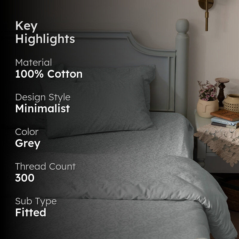 Coral Bloom Fitted Jacquard Cotton Bedsheet (Light Grey) - 300 TC media 2