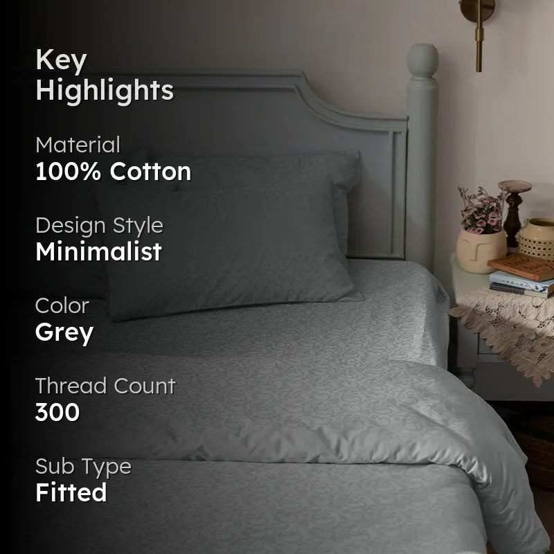 Coral Bloom Fitted Jacquard Cotton Bedsheet (Light Grey) - 300 TC media 2
