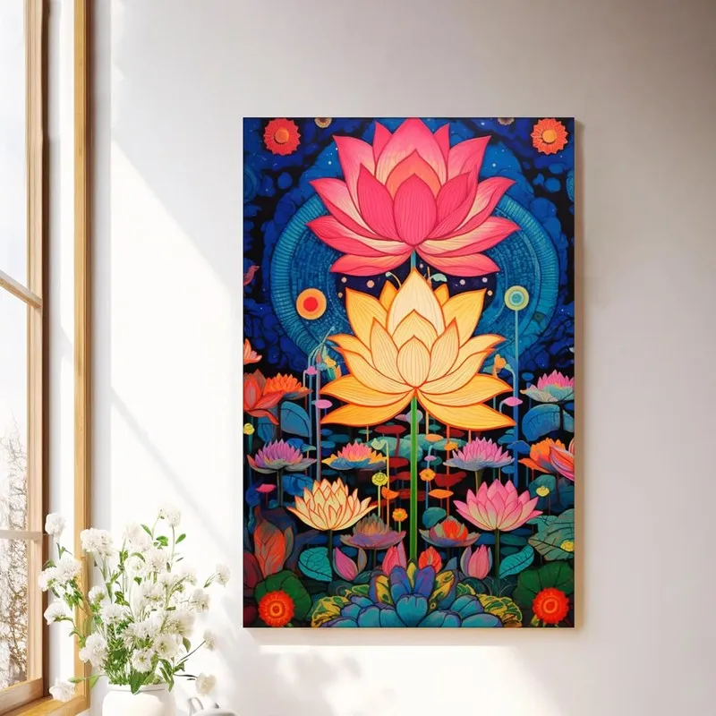 Lotus canvas wall art hung on a light wall beside a sunlit window and white flowers