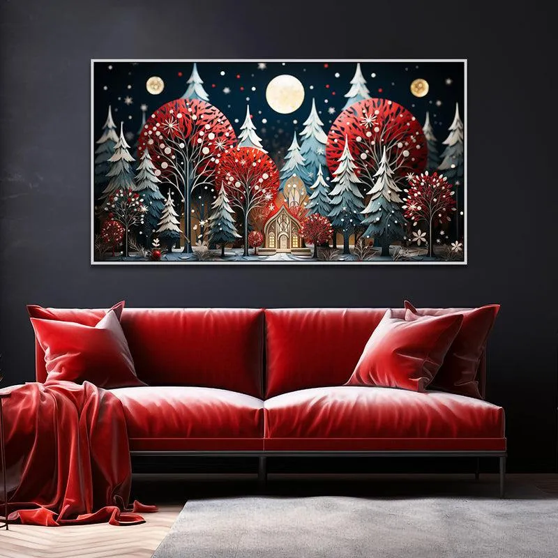 Winter Forest Cottage Landscape Canvas Wall Painting With Frame - White media 1