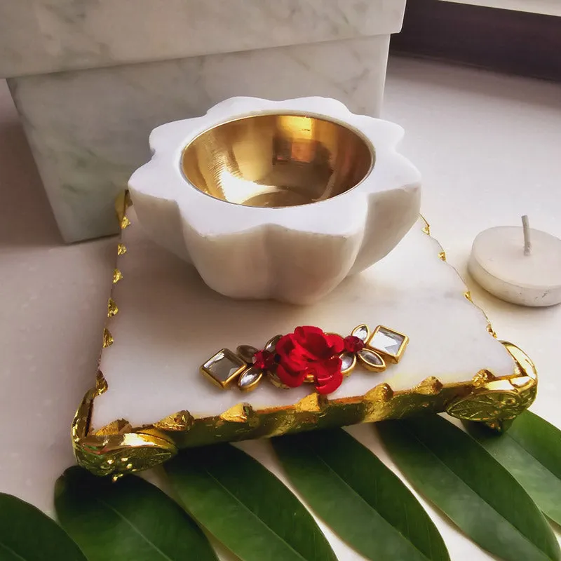 Harshita Handcarved Flower Diya With Brass Bowl media 5