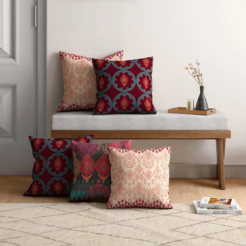 India Circus Rajwada Florals Printed Velvet Cushion Cover - Set Of Five media 3