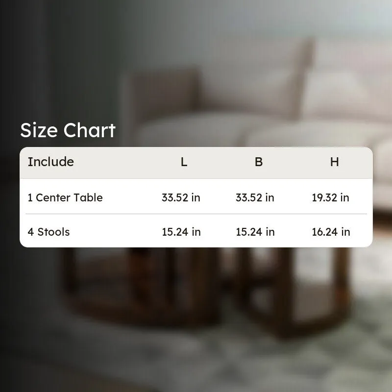 Size chart graphic for center table and stools set