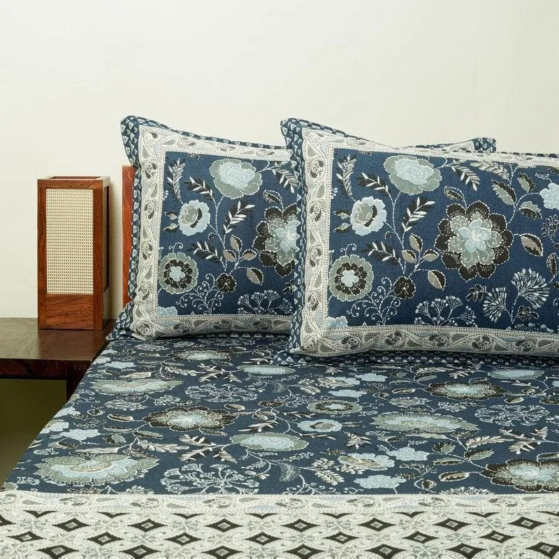 Paloma Printed Cotton Bedsheet (Blue) - 240 TC media 1