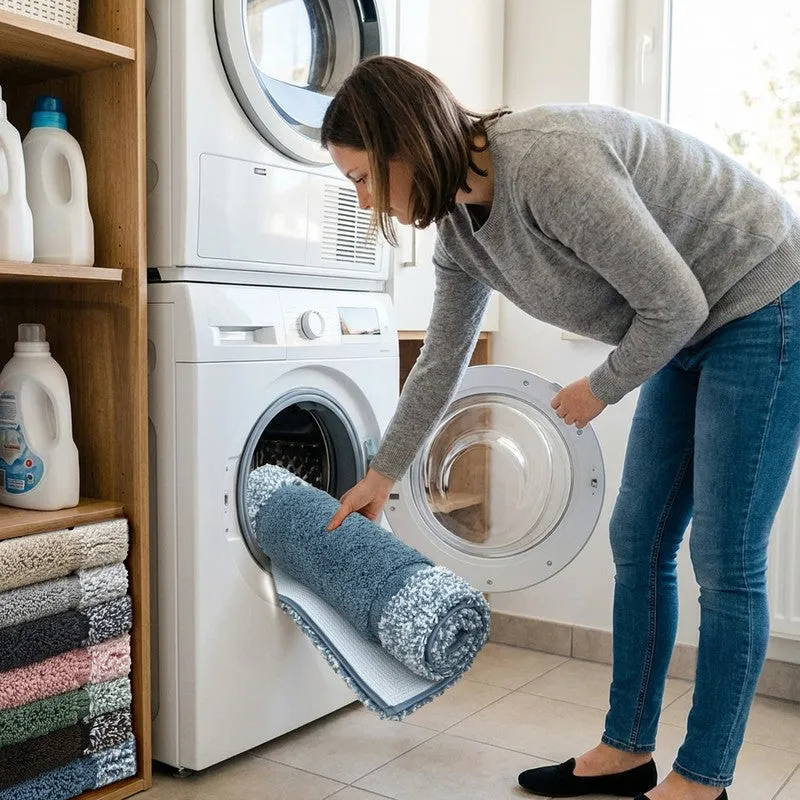 Rolled blue runner rug being placed into a washing machine