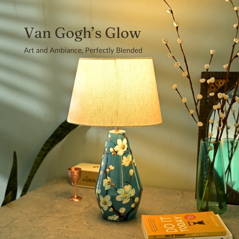 Blue Bloom Wooden Table Lamp - Blue,Beige media 3