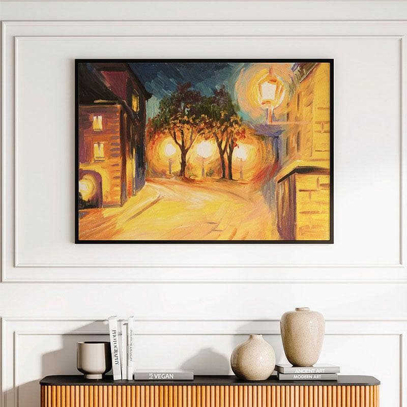 Evening Street In Paris Canvas Wall Painting - Black Frame