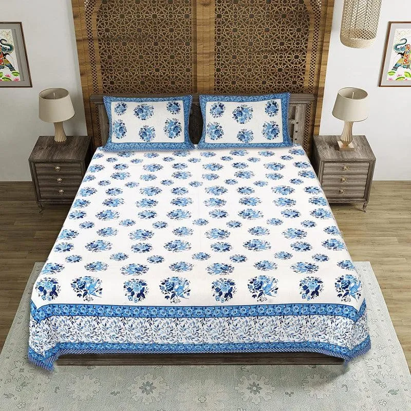 Bhuja Floral Cotton Bedsheet (Blue) - 144 TC media 1