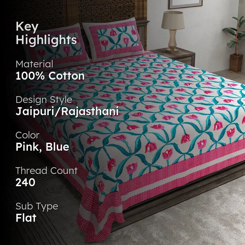 Patternus Cotton Bedsheet (Pink,Blue) - 240 TC media 2