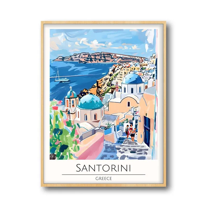 Vintage Santorini Framed Canvas Archival Canvas Wall Painting - Natural Brown Frame media 5