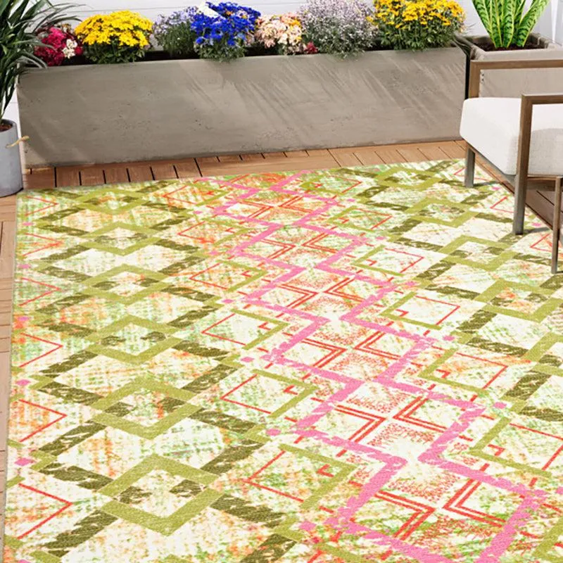 Thrain Geometric Polyester Anti-Skid Carpet - Green & Pink media 3