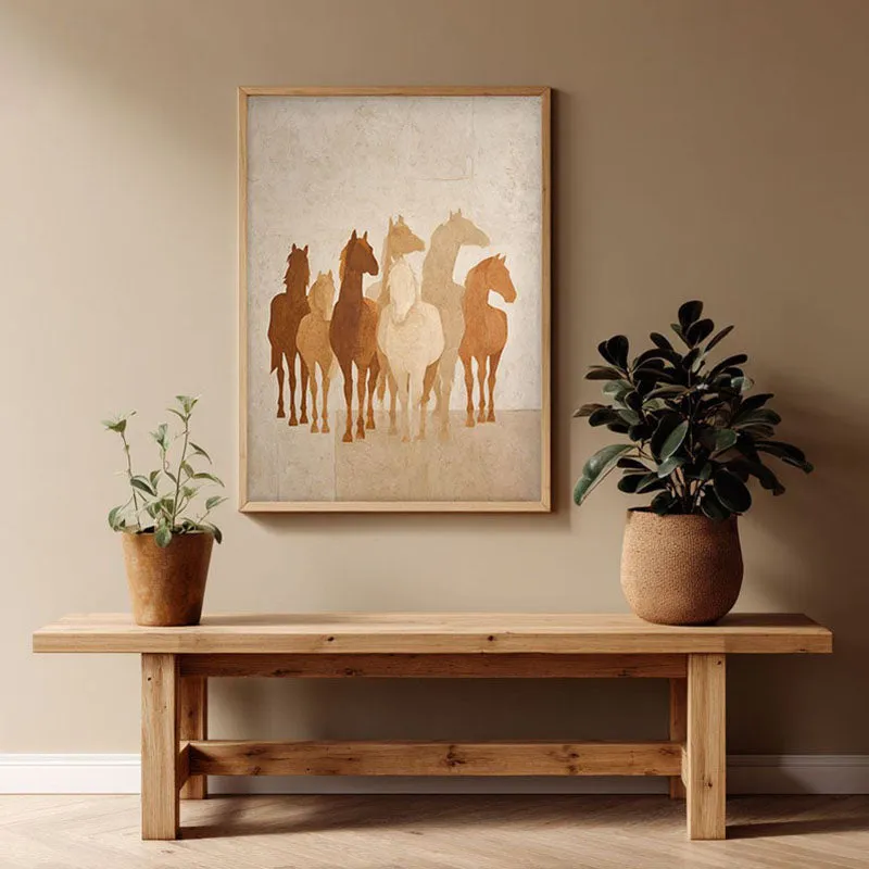 Desert Horse Silhouettes Wall Painting With Brown Frame media 1