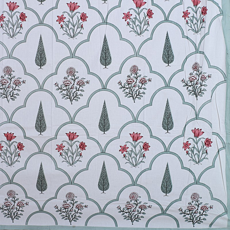 RiwaayatWhite Handblock Printed Cotton Bedsheet (Olive) - 400 TC media 8
