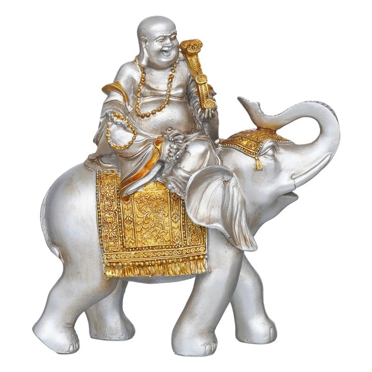Side view of silver and gold deity seated on an elephant
