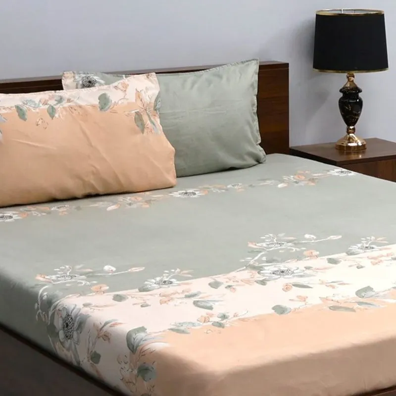 Dayita Floral Microfiber Bedsheet (Green & Peach) - 110 GSM media 4