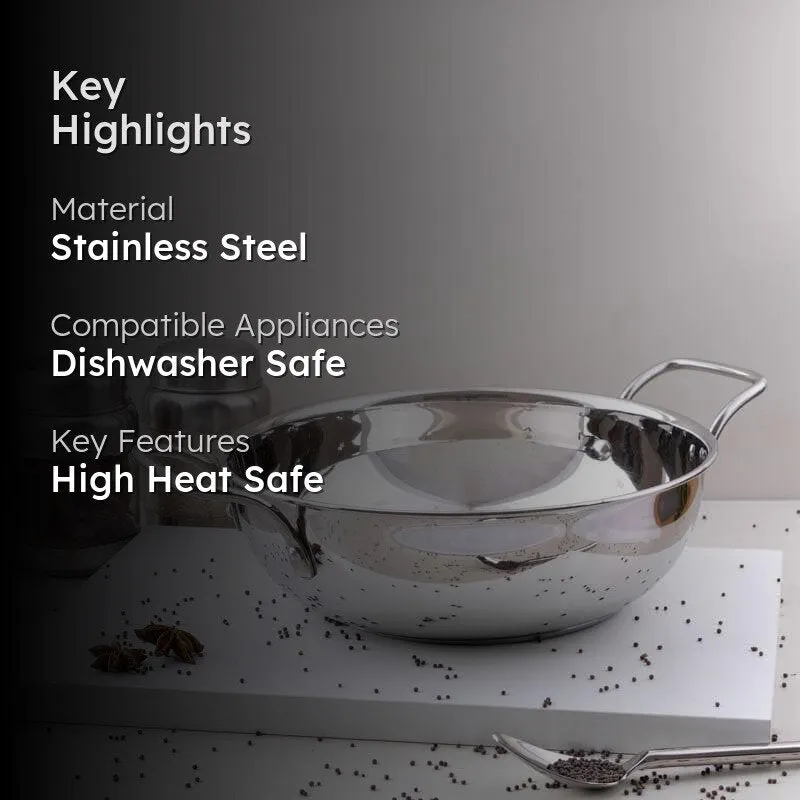 Stainless steel kadhai shown with material, dishwasher-safe and high-heat-safe highlights
