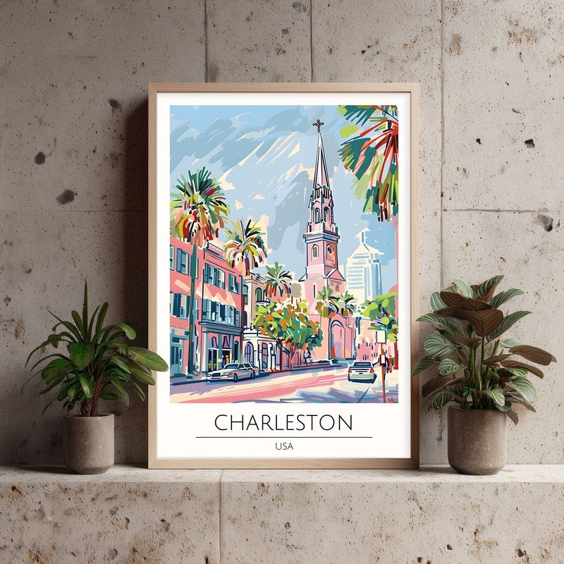 Vintage Charleston Framed Canvas Archival Canvas Wall Painting - Natural Brown Frame media 3