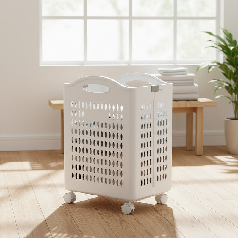 Laxis FoldNest Rolling Plastic Laundry Basket - White