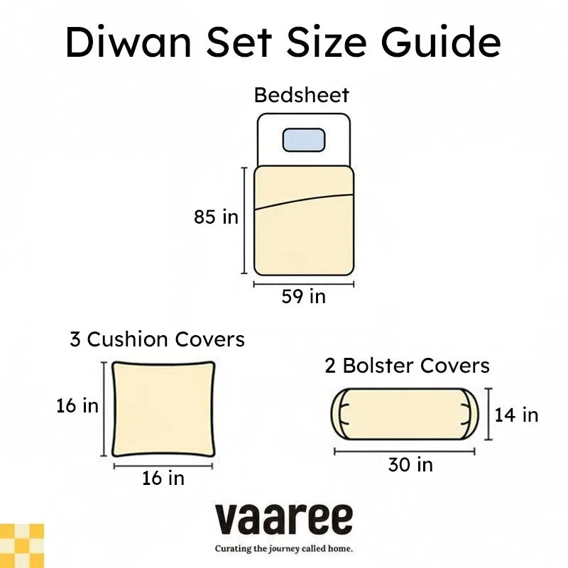 Diwan set size guide showing bedsheet, cushion and bolster cover sizes
