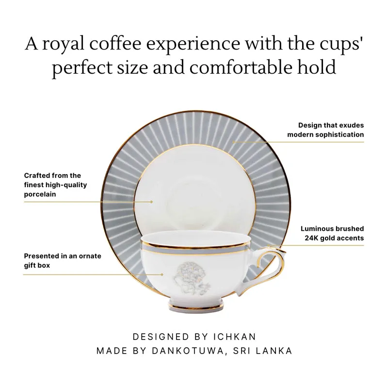 Gilded Iris 24k Gold Brushed Porcelain Tea Cup & Saucer (Grey/ 280 mL) - Set of Six media 6