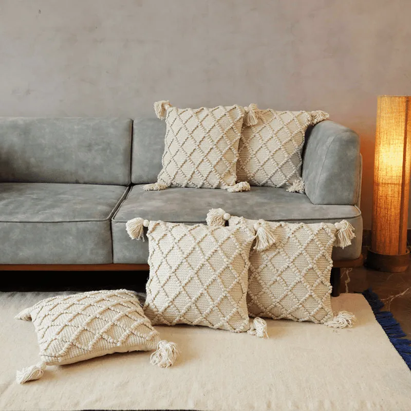 Plush Grid Tufted Cushion Cover (Beige) - Set Of Five media 2