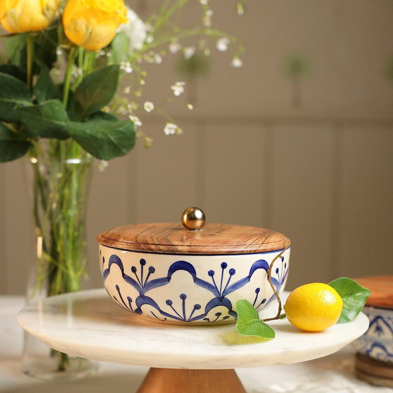 Sumi Indian Ink Ceramic Bowl with Mango Wood Lid - 750 mL