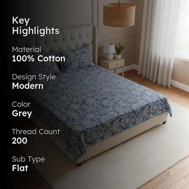 Champa Floral Cotton Bedsheet (Grey) - 200 TC media 2