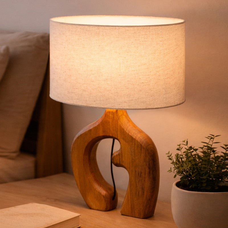 Zen Glow Contemporary Wooden Fabric Table Lamp - Beige,Brown